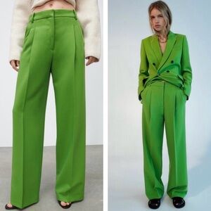 Zara Green Pleated Mid Rise Wide Leg Trouser Pants XS